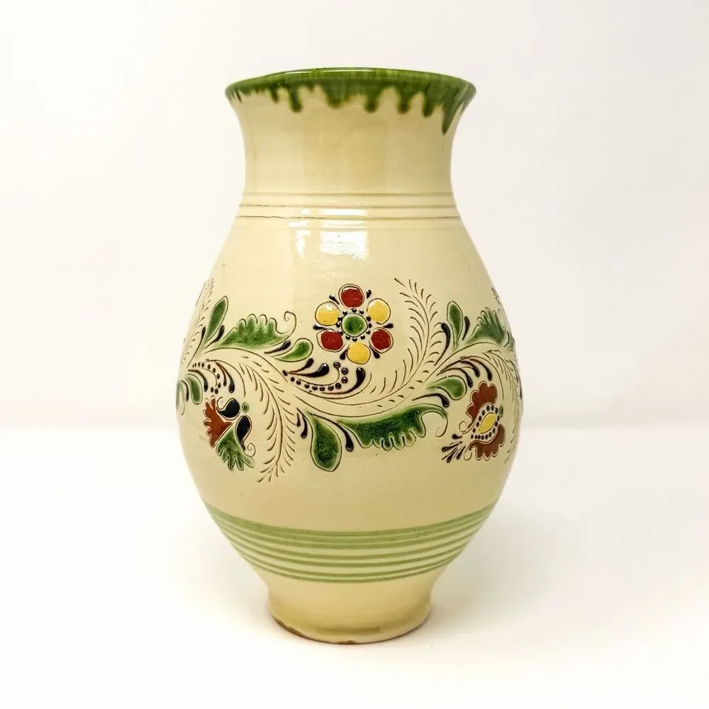 Vintage Hungarian Folk Art Studio Pottery Vase – Hand Painted – Signed 9”